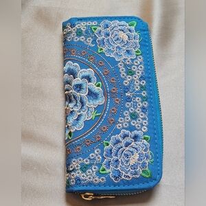 Floral Embroidered Blue Wallet